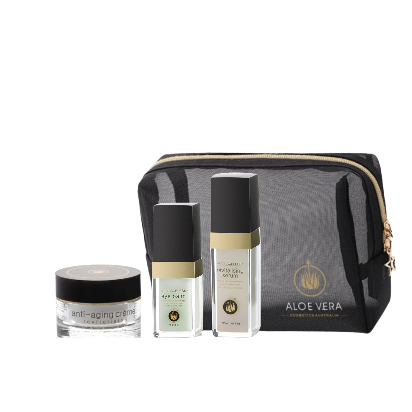 Aloe Vera Cosmetics Australia Aloe AgeLess anti-aging pack with skincare products featuring aloe vera for youthful skin.