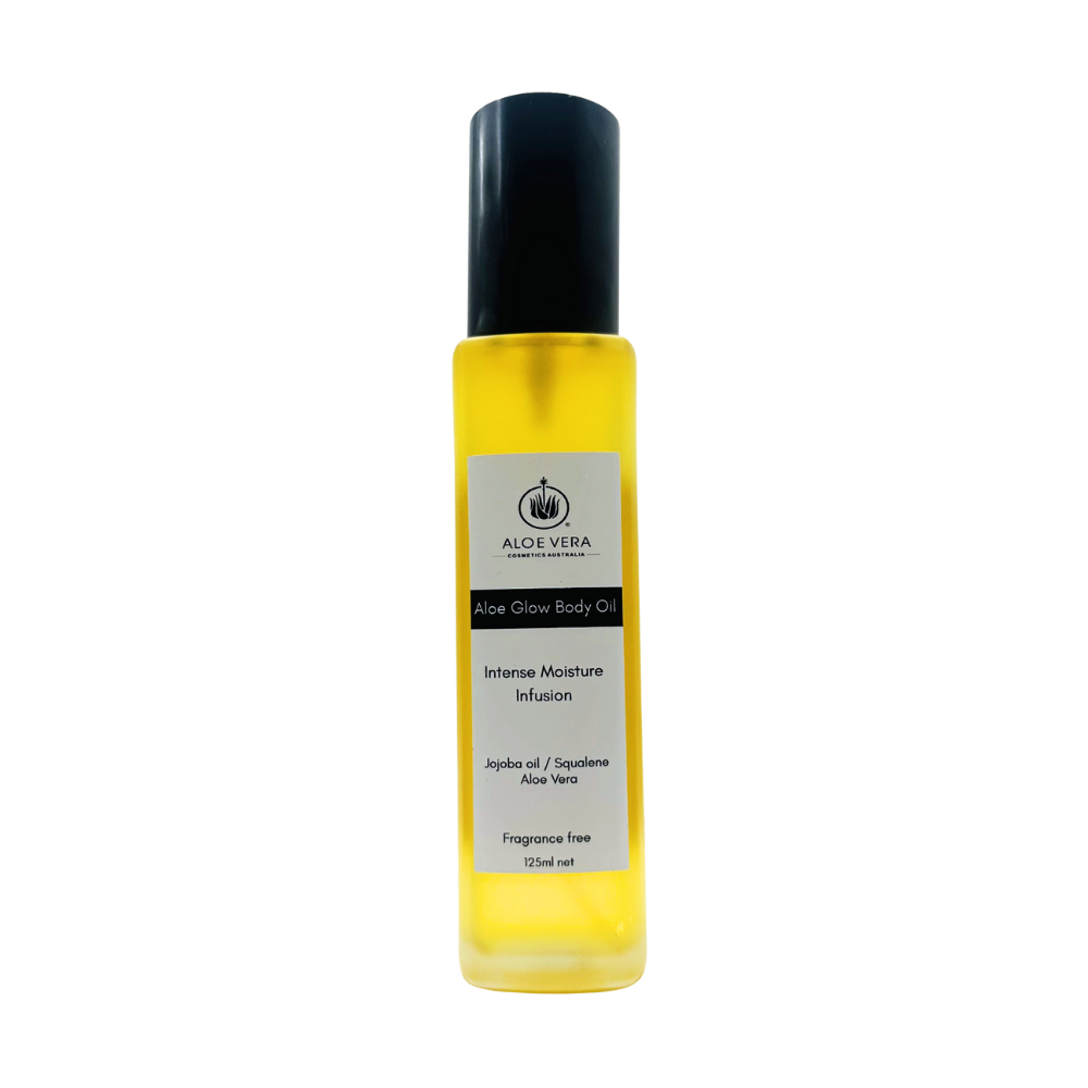 Aloe Glow Body Oil by Aloe Vera Cosmetics Australia, fragrance-free, with squalane and jojoba oil for deep hydration and nourishment.
