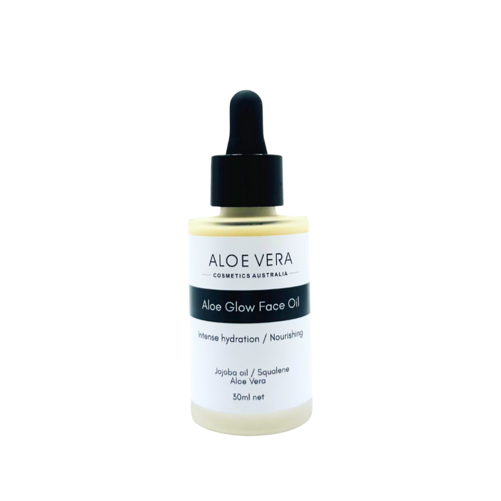 Aloe Glow Face Oil from Aloe Vera Cosmetics Australia with squalane and jojoba oil, providing intense hydration and nourishing skincare.