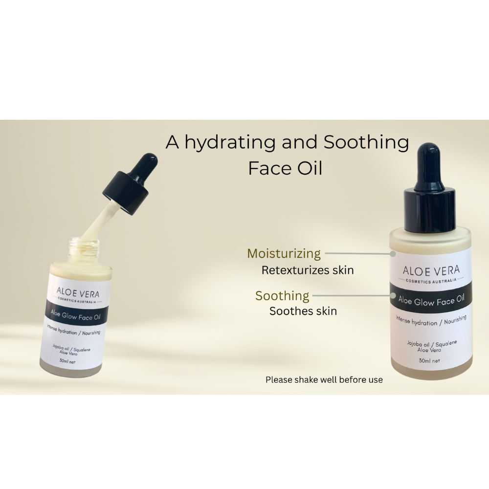 Aloe Glow Face Oil by Aloe Vera Cosmetics Australia with squalane and jojoba oil for intense hydration and nourishing skin.