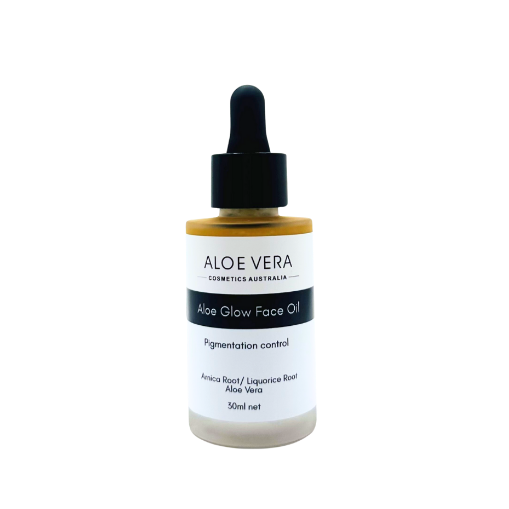 Aloe Glow Face Oil by Aloe Vera Cosmetics Australia with Amica Root and Liquorice Root for pigmentation control, fragrance-free skincare.