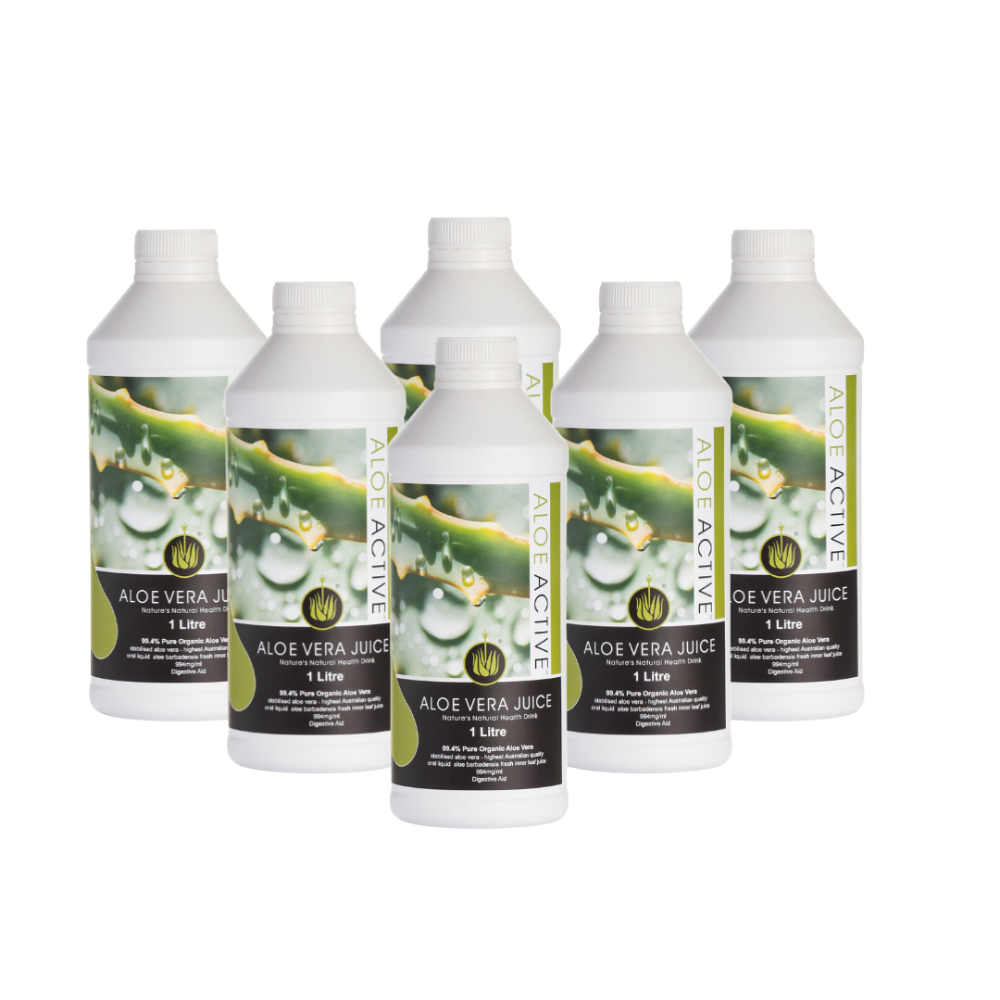 Six bottles of Aloe Active Aloe Vera Juice on a white background